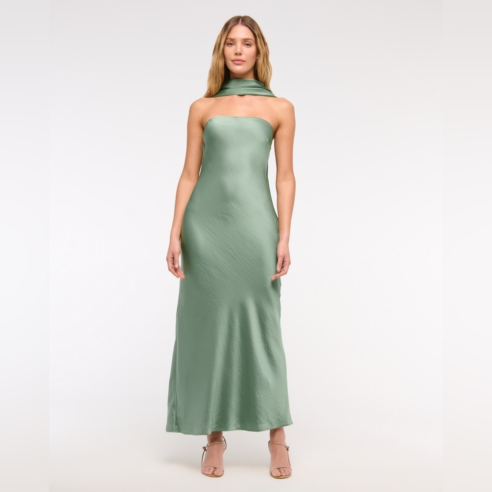 A&F Julia Strapless Scarf Elegant Maxi or Mid Dress
 Satin Green Strapless SP - Picture 2 of 12